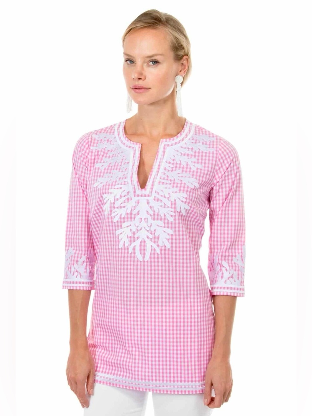 Gretchen Scott The Reef Gingham Tunic Top Women’s Size L Embroidered Coastal